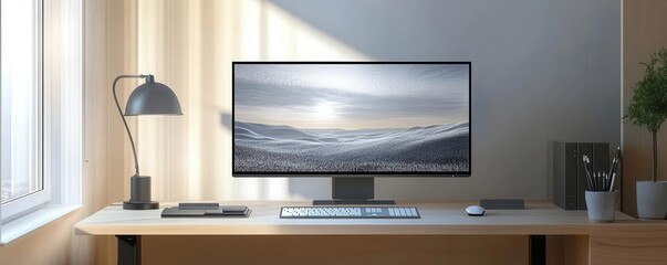 A clean and modern home office setup featuring a desktop computer, desk lamp, and potted plant, creating a productive workspace.
