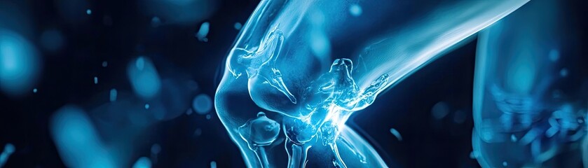A close-up view of a human knee joint, highlighting its intricate anatomy and dynamic movement in a vibrant blue color.