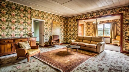 Dated carpet and wallpaper, paired with worn-out furniture, convey a sense of disuse and neglect, showcasing the home's