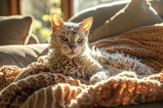 Relaxed laperm cat lounging on soft knit blanket in warm sunlight AI