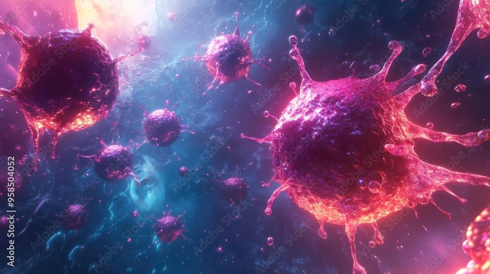 Poster abstract depiction of colorful viruses in a cosmic setting, illustrating a vibrant and dynamic micro