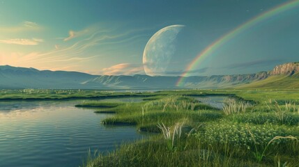 Landscape with moon and green hills of flood meadows. 3d render evening rainbow