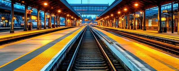 A vibrant railway station at dusk, featuring illuminated platforms, tracks, and a captivating perspective of train paths.