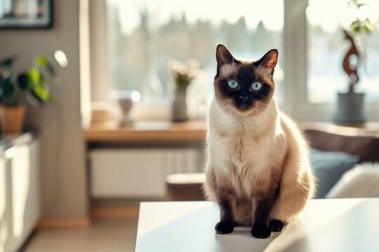 Curious siamese cat in sunlit modern interior setting AI