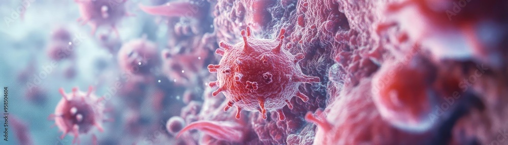 Poster microscopic view of cells showcasing intricate details in vibrant colors, highlighting biological st