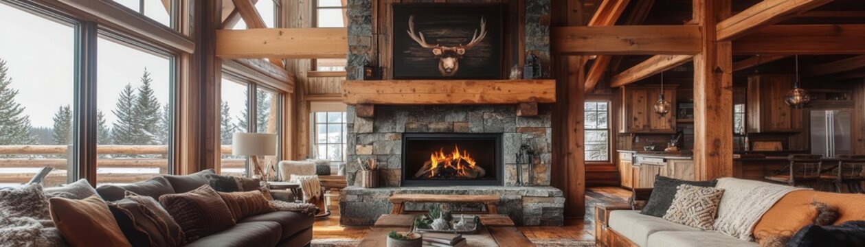 A spacious rustic cabin living room featuring a stone fireplace, timber beams, cozy seating, and large windows with scenic views.