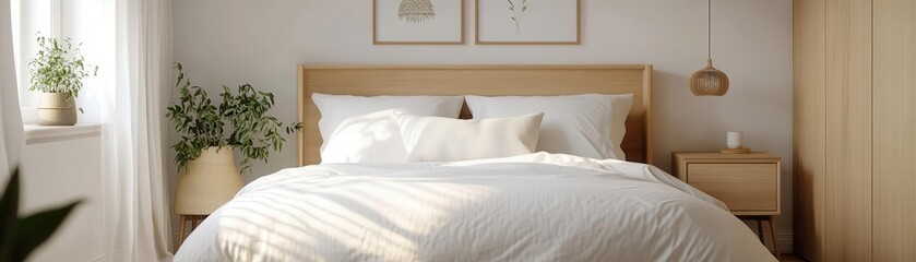 A serene minimalist bedroom with wooden furniture, white bedding, natural lighting, plants, and soft decor elements for a calming atmosphere.