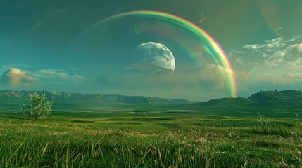Landscape with moon and green hills of flood meadows. 3d render evening rainbow
