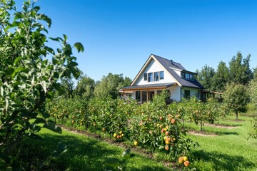A serene house surrounded by apple trees under a clear blue sky.