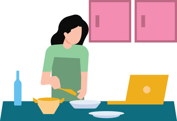 Girl cooking by watching online videos.