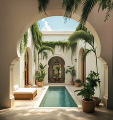 Sunny and tranquil Moroccan Courtyard with pool and Lush Greenery