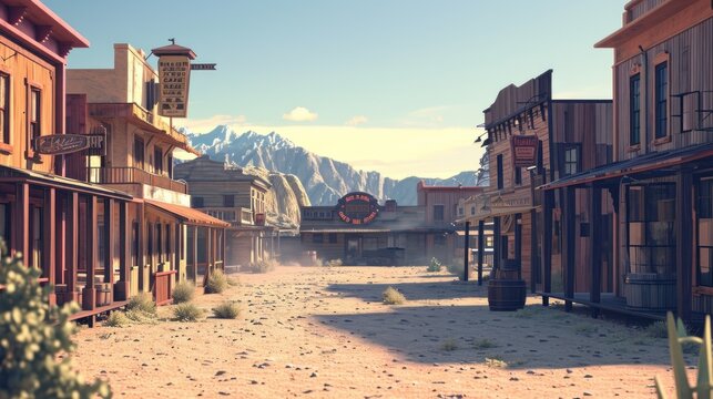 An old western town situated amidst majestic mountains in the background