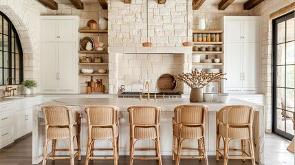 Rustic farmhouse kitchen with stone walls, natural wood beams, and an island featuring a marble countertop and wicker barstools for comfort and style.