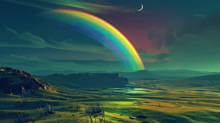 Obraz premium Landscape with moon and green hills of flood meadows. 3d render evening rainbow