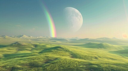 Obraz premium Landscape with moon and green hills of flood meadows. 3d render evening rainbow