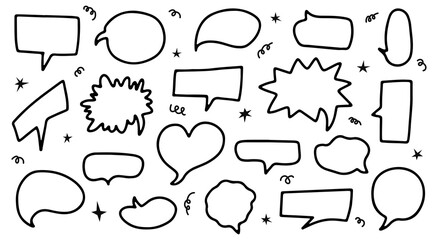Fototapeta premium Set of different speech bubbles. Dialogue box in doodle style with stars. Text boxes for chats and games. Collection of hand drawn comic speech bubble. Various talk balloon shapes in retro 90's style