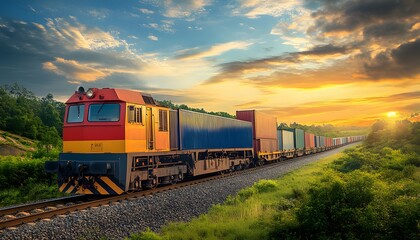 Fototapeta premium Freight Train Traveling Through a Lush Landscape at Sunset