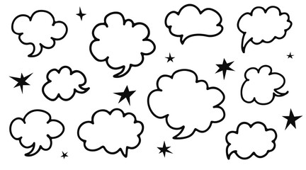 Set of different speech bubbles. Dialogue box in doodle style with stars. Text boxes for chats and games. Collection of hand drawn comic speech bubble. Various talk balloon shapes in retro 90's style