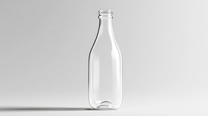 A clear, empty glass bottle stands against a plain, light gray background, casting a subtle shadow.