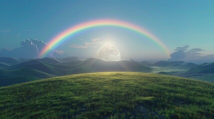 Naklejka premium Landscape with moon and green hills of flood meadows. 3d render evening rainbow