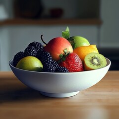 Create a photo of a realistic fruit bowl from an interesting angle with a room background -generative ai