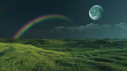 Landscape with moon and green hills of flood meadows. 3d render evening rainbow