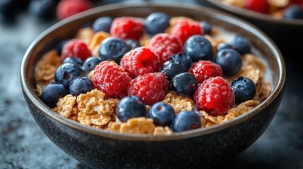 Delicious Breakfast Bowl with Cereal, Blueberries, and Raspberries