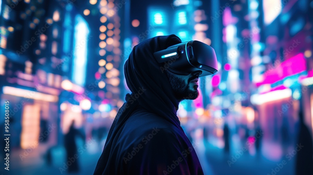 Sticker Man in VR Headset Standing in a Neon-Lit City Street