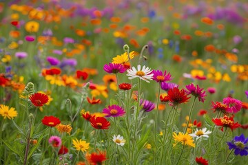 Vibrant Wildflower Meadow Closeup Showcasing Colorful Flora