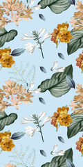 seamless pattern with flowers blue background 