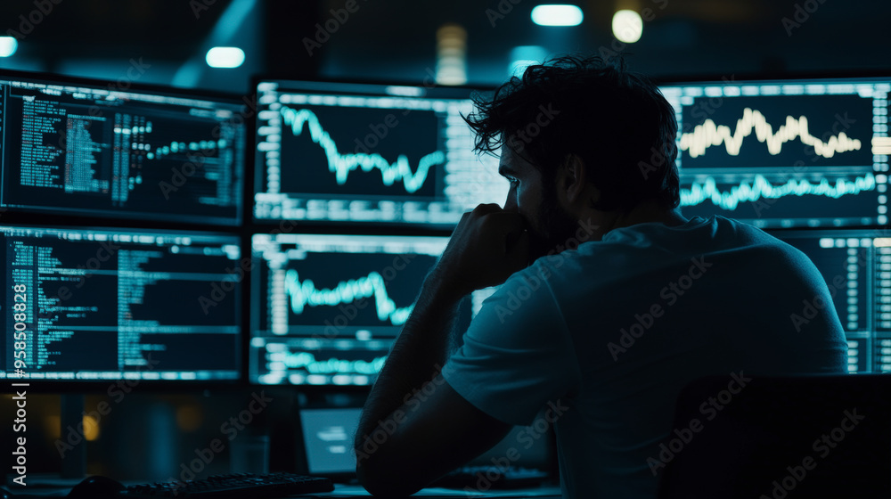 Poster a person intently monitors multiple computer screens displaying financial data, graphs, and charts, 