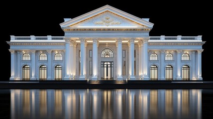 Fototapeta premium A beautiful illuminated building reflecting in water at night, showcasing stunning architecture and elegant design details.