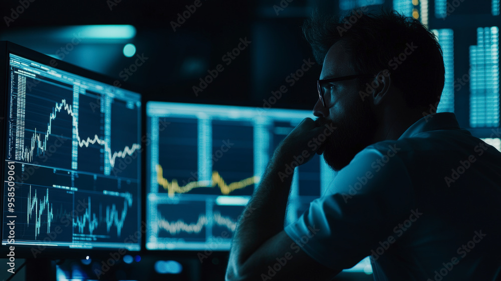 Poster a person intensely analyzes fluctuating financial graphs on multiple computer screens in a dimly lit