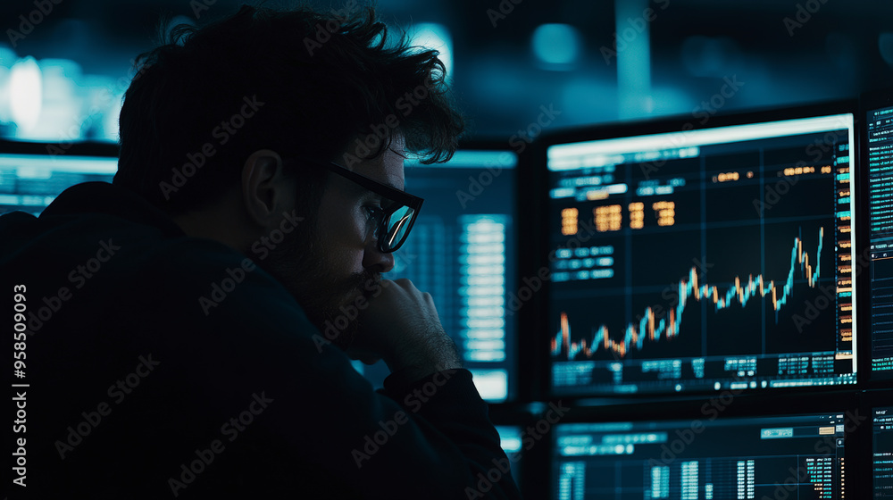 Poster a person intently studies multiple monitors displaying stock market data and financial graphs in a d