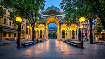 Obraz premium A beautifully illuminated archway surrounded by trees, capturing the charm of an evening stroll in a historic city.