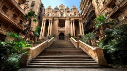 Obraz premium A grand historic building with elegant architecture, surrounded by lush greenery and a striking staircase leading to the entrance.