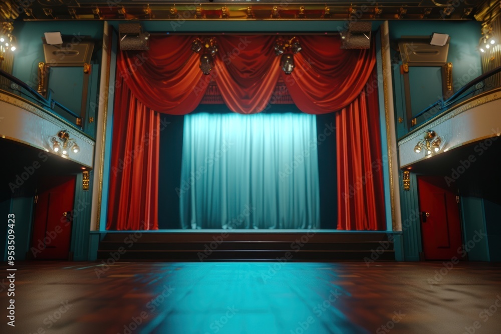 Poster empty cinema stage architecture illuminated performance.