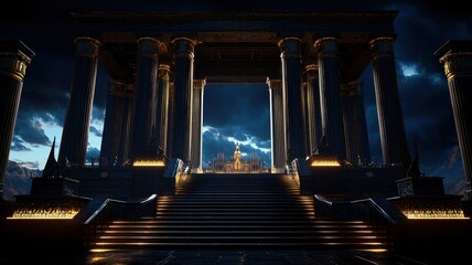 Obraz premium A majestic ancient temple illuminated against a dramatic sky, showcasing grand architecture and rich history.