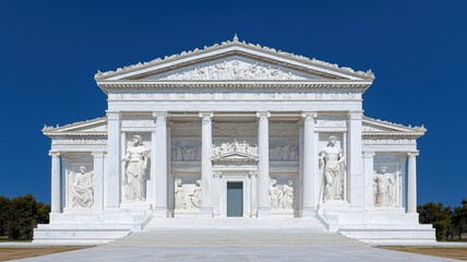 Obraz premium A majestic white temple featuring classical architecture with intricate sculptures against a clear blue sky.