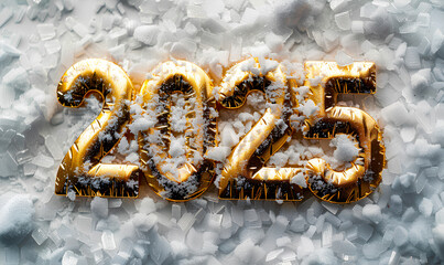Golden figures display the year 2025, partially blanketed by snow, creating a festive winter atmosphere