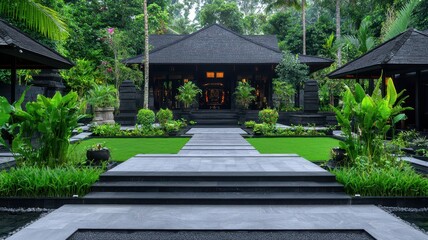 Fototapeta premium A serene tropical garden featuring a traditional house, surrounded by lush greenery and elegant pathways for a tranquil retreat.