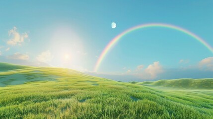 Landscape with moon and green hills of flood meadows. 3d render evening rainbow