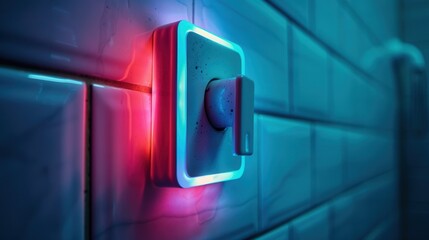 Futuristic light switch with colorful neon glow, mounted on tiled wall, highlighting modern interior design, technology, and smart home innovation.