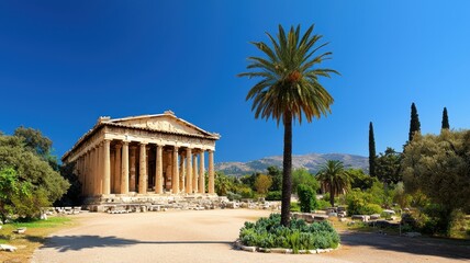 A stunning view of an ancient temple surrounded by palm trees and blue skies, showcasing classic architecture and historical beauty.