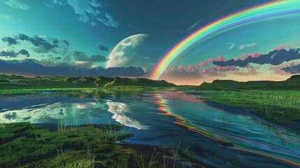 Landscape with moon and green hills of flood meadows. 3d render evening rainbow