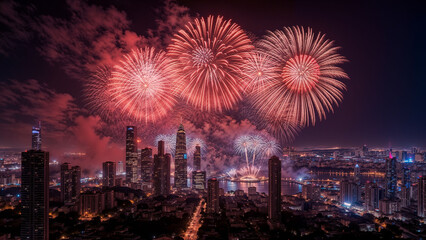 Salute, fireworks over the night metropolis, city