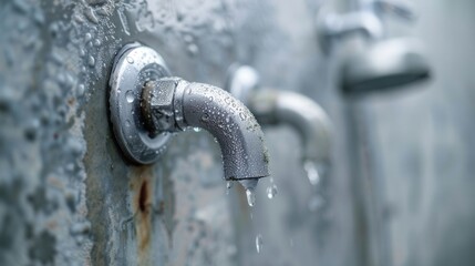Close-up of three metal water faucets against a weathered wall with dripping water, highlighting plumbing and maintenance concepts.