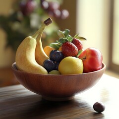 Create a photo of a realistic fruit bowl from an interesting angle with a room background -generative ai