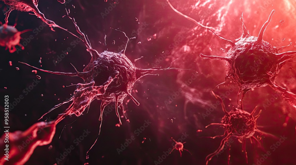 Poster an abstract view of cells illuminated in vibrant red tones, showcasing intricate structures and scie