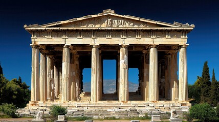 Obraz premium Explore the stunning ancient architecture of a historic Greek temple with majestic columns against a clear blue sky.